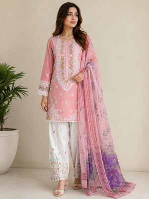 Baby pink embroidered cotton 3 piece Pakistani suit with embroidered shalwar and voile zari dupatta