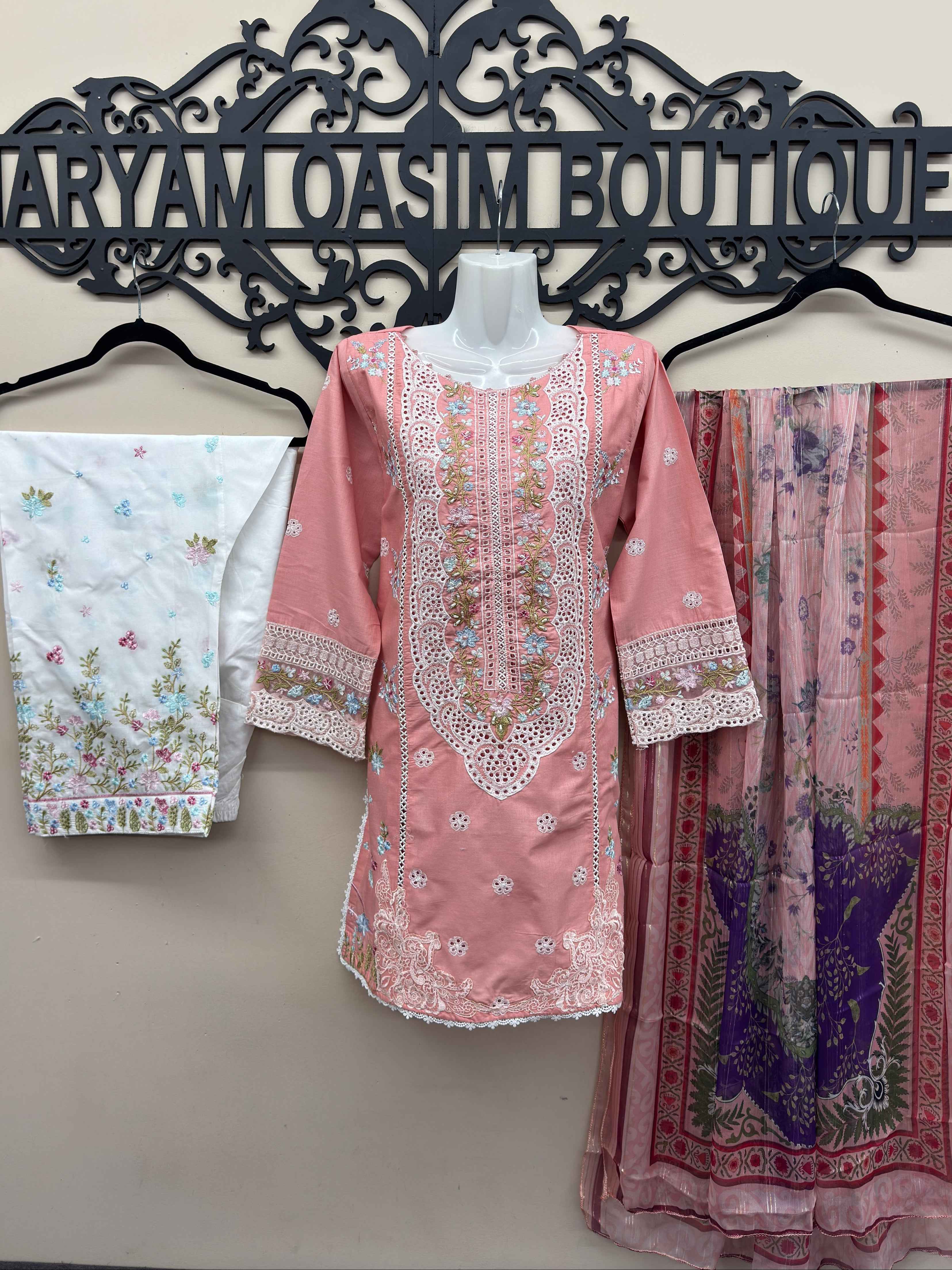Baby pink embroidered cotton 3 piece Pakistani suit with embroidered shalwar and voile zari dupatta