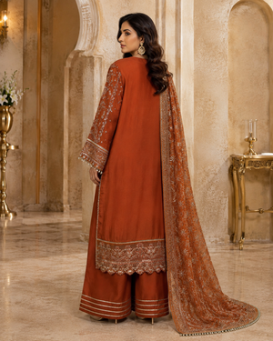 Rust terracotta embroidered Pakistani shirt with detailed sleeves in Canada.