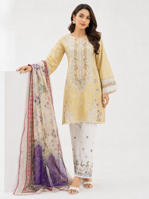 Beige embroidered cotton 3 piece Pakistani suit with embroidered shalwar and voile zari dupatta