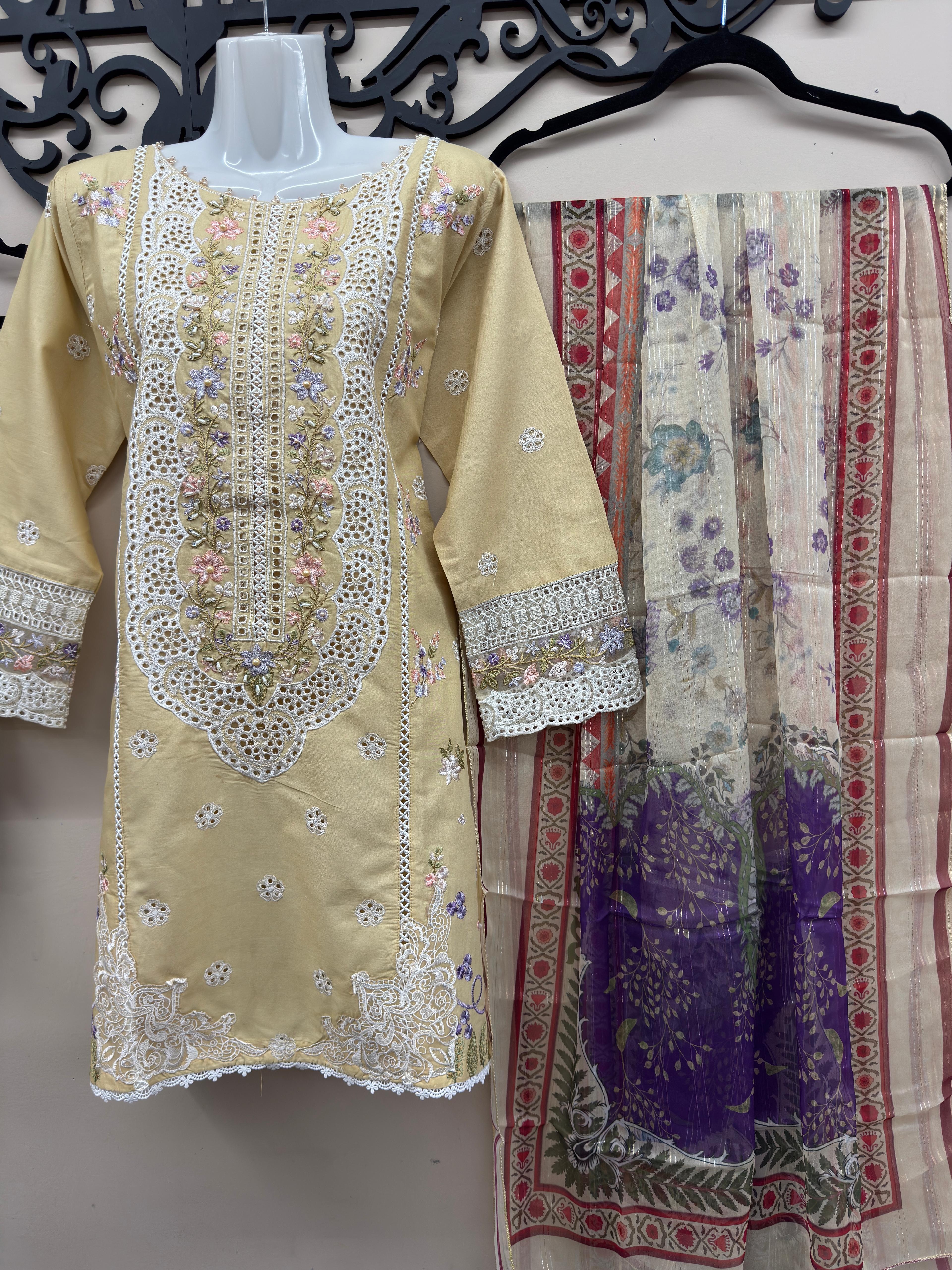 Beige embroidered cotton 3 piece Pakistani suit with embroidered shalwar and voile zari dupatta