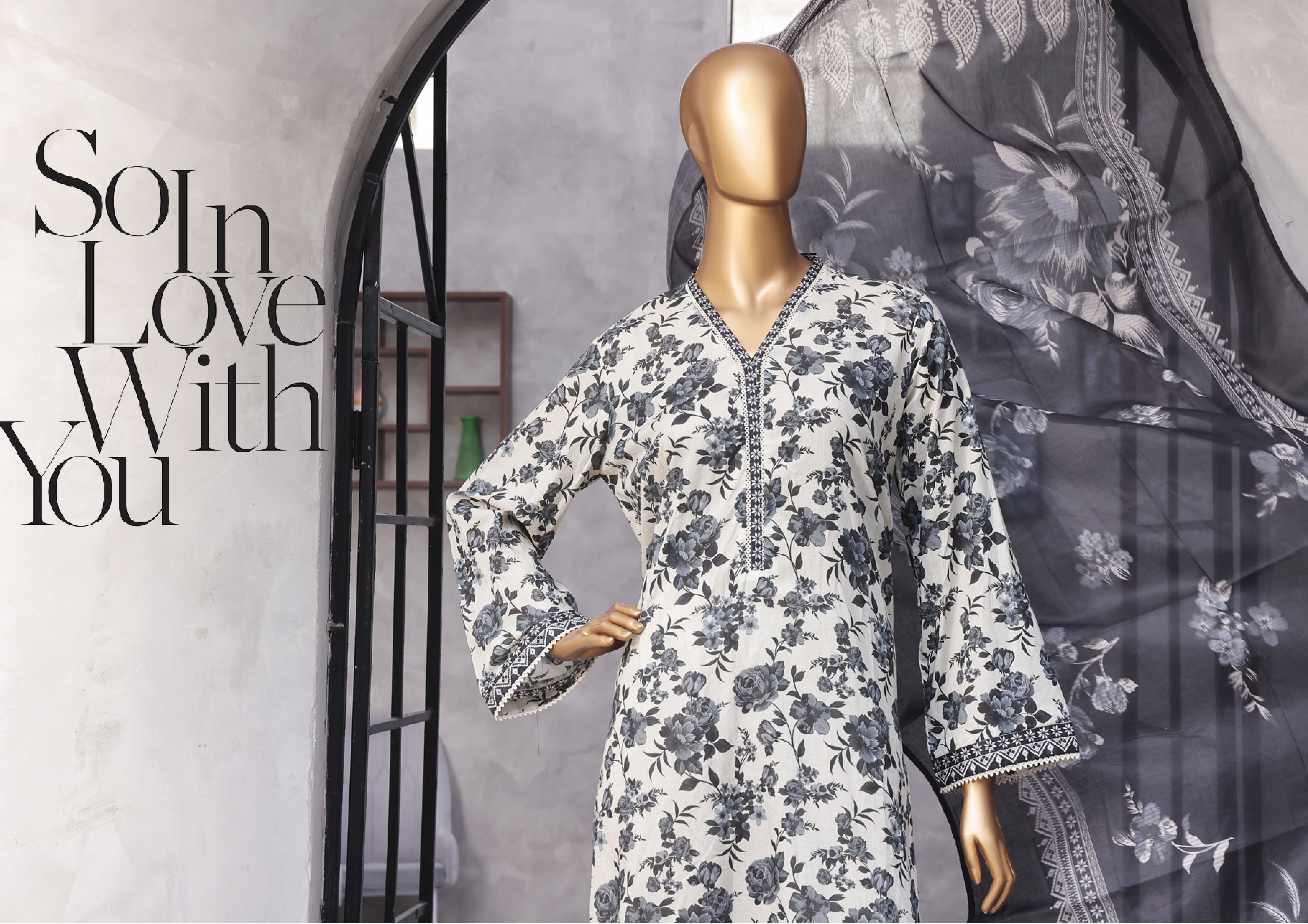 3-Piece Original Bin Saeed Black & White Printed Lawn Stitched Suit with Lawn Dupatta & Printed Trouser