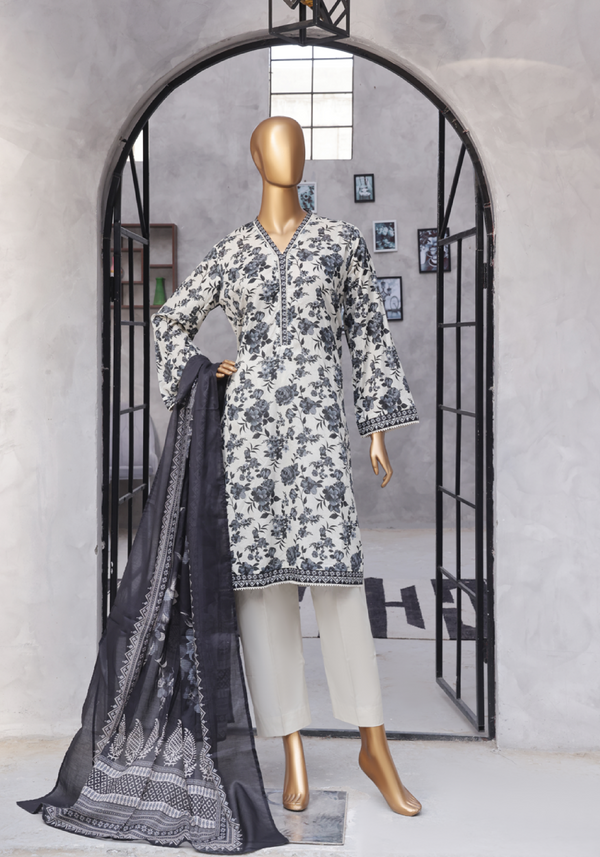 3-Piece Original Bin Saeed Black & White Printed Lawn Stitched Suit