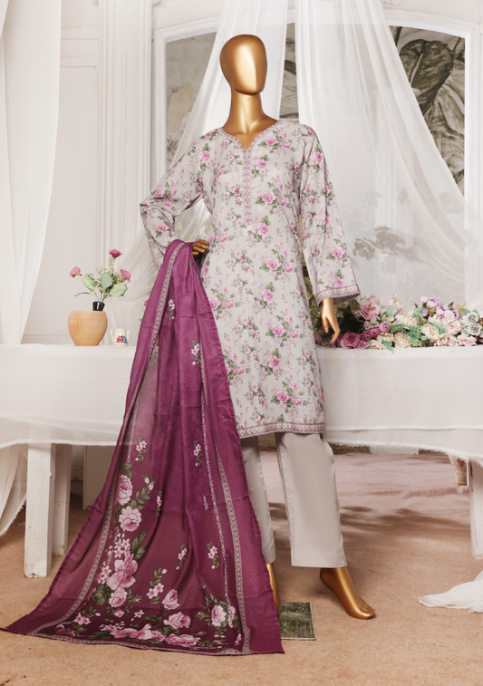 3-Piece Original Bin Saeed Light Grey Printed Lawn Stitched Suit*
