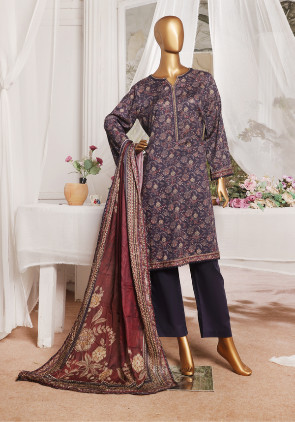 3-Piece Original Bin Saeed Purple Printed Lawn Stitched Suit with Lawn Dupatta & Plain Trouser