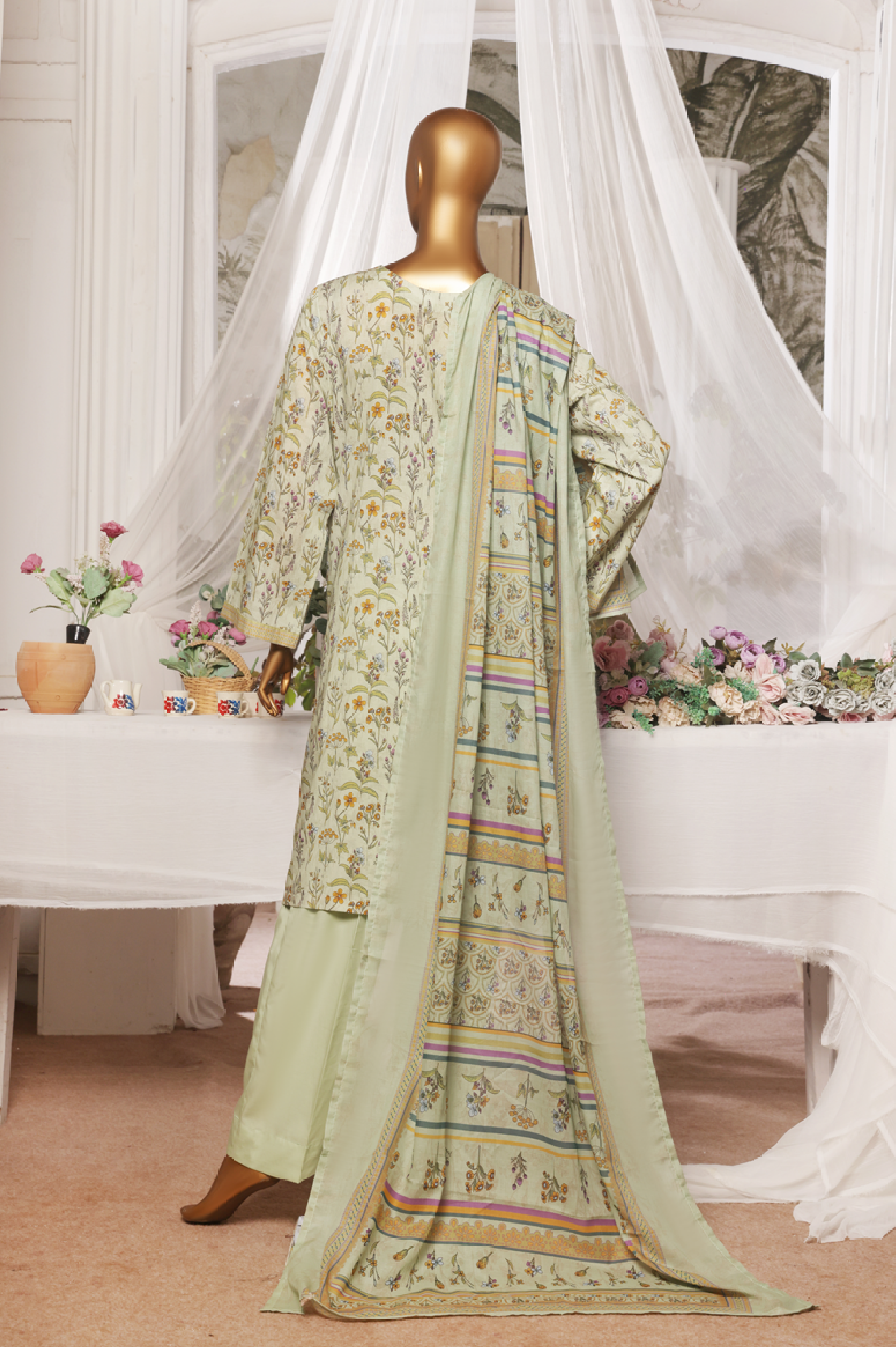 3-Piece Original Bin Saeed Pista Green Printed Lawn Stitched Suit with Lawn Dupatta & Plain Trouser