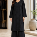 Black-on-black embroidered linen 2 piece co-ord set for women with matching embroidered palazzo