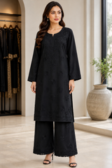 Black-on-black embroidered linen 2 piece co-ord set for women with matching embroidered palazzo