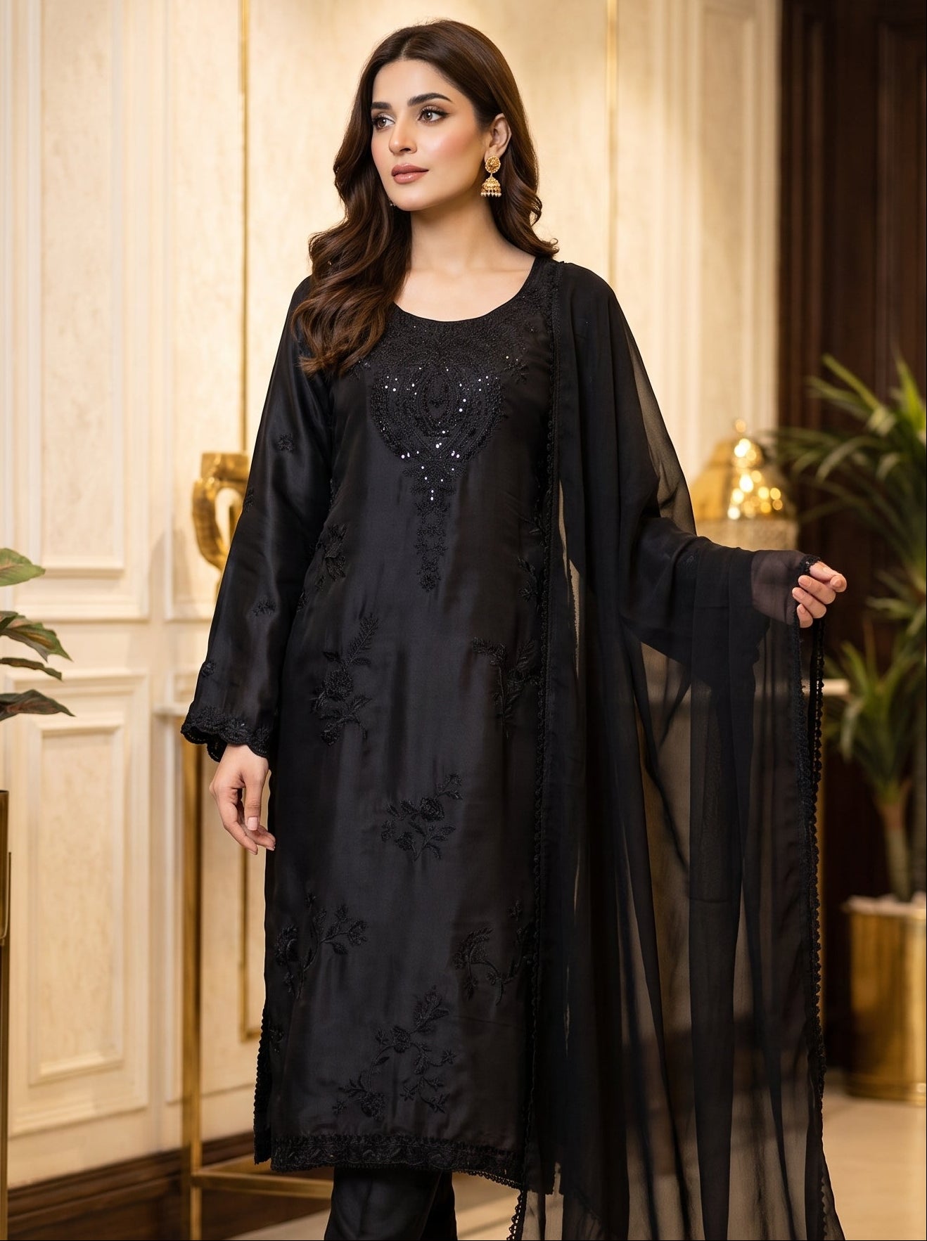 Black embroidered silk 3-piece Pakistani suit with chiffon dupatta