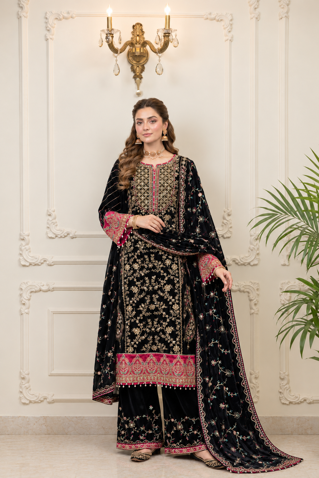 Black Velvet Embroidered Suit 3 Piece