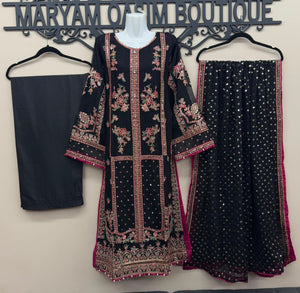 Black Pakistani dress with pink embroidered chiffon shirt