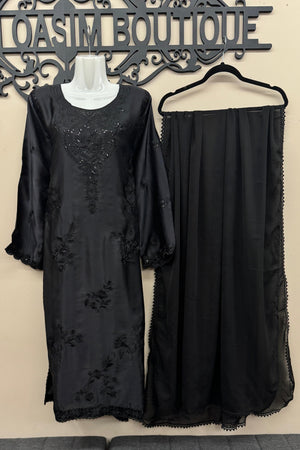 Black Pakistani formal suit with embroidered silk shirt and trousers