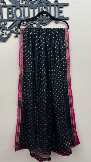 Black Pakistani formal suit with pink embroidery and sequined dupatta