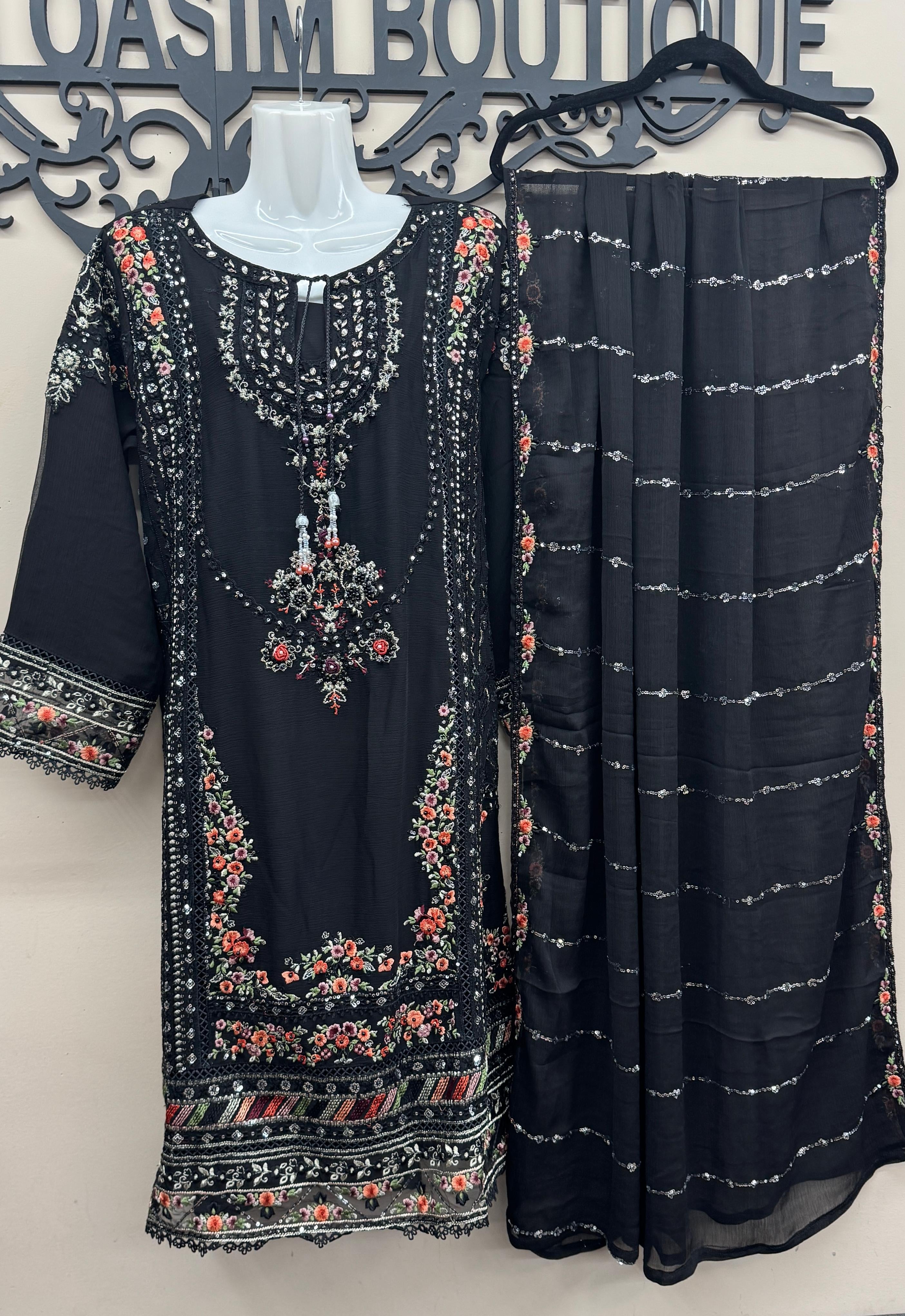 Black Pakistani party wear with embroidered chiffon dupatta
