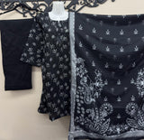 Black casual lawn suit for women with printed dupatta