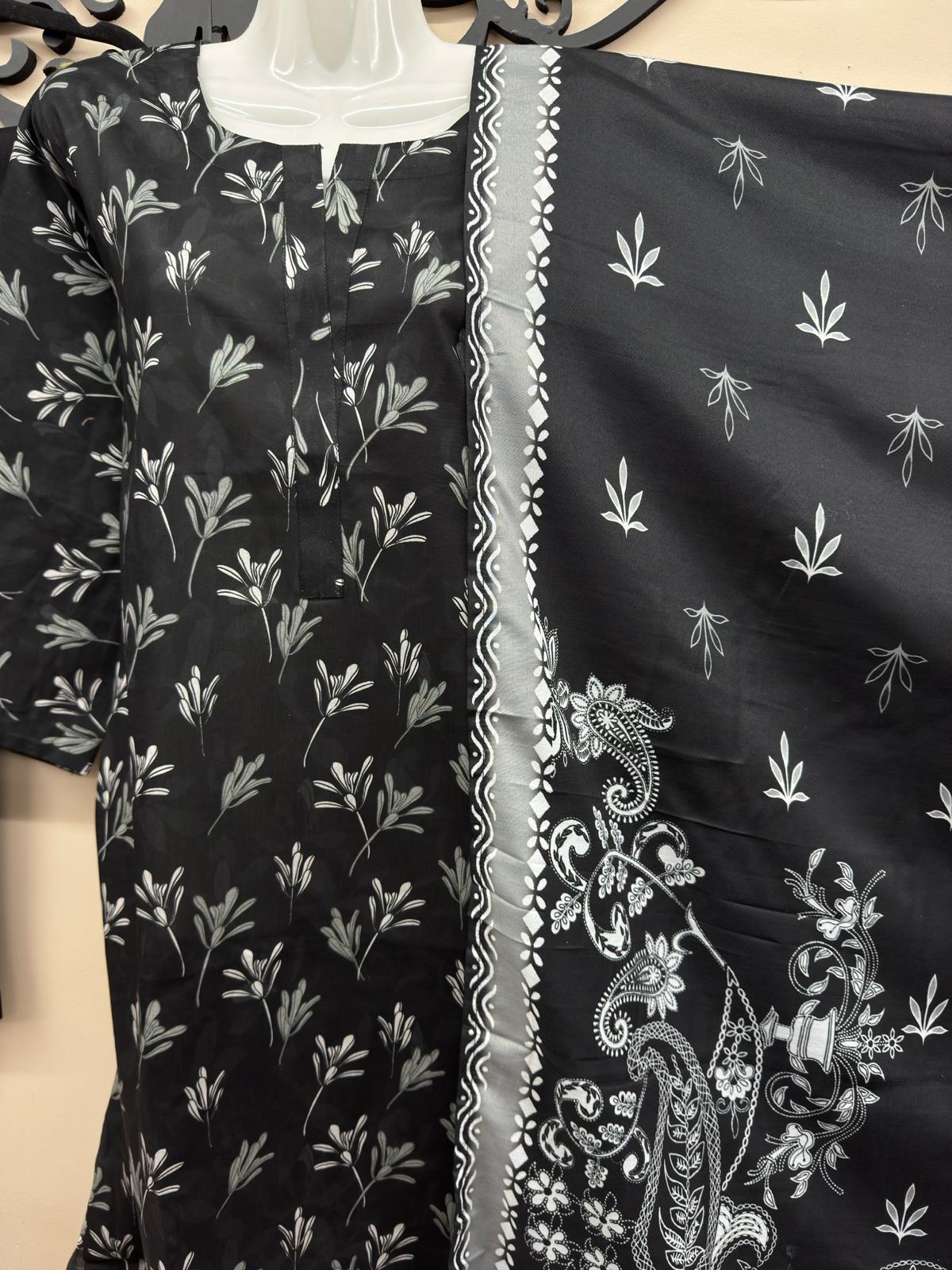 Black casual lawn suit for women with printed dupatta in canada