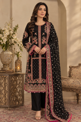 Black chiffon embroidered Pakistani 3 piece suit with pink embroidery