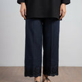 Black cotton straight trouser with pin-tucks and embroidered scalloped hem