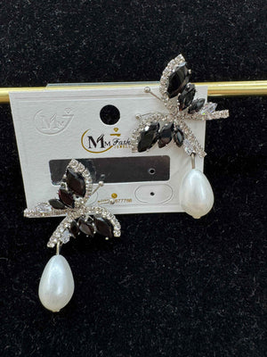 Black Crystal Butterfly Drop Earrings with Pearl Pendant