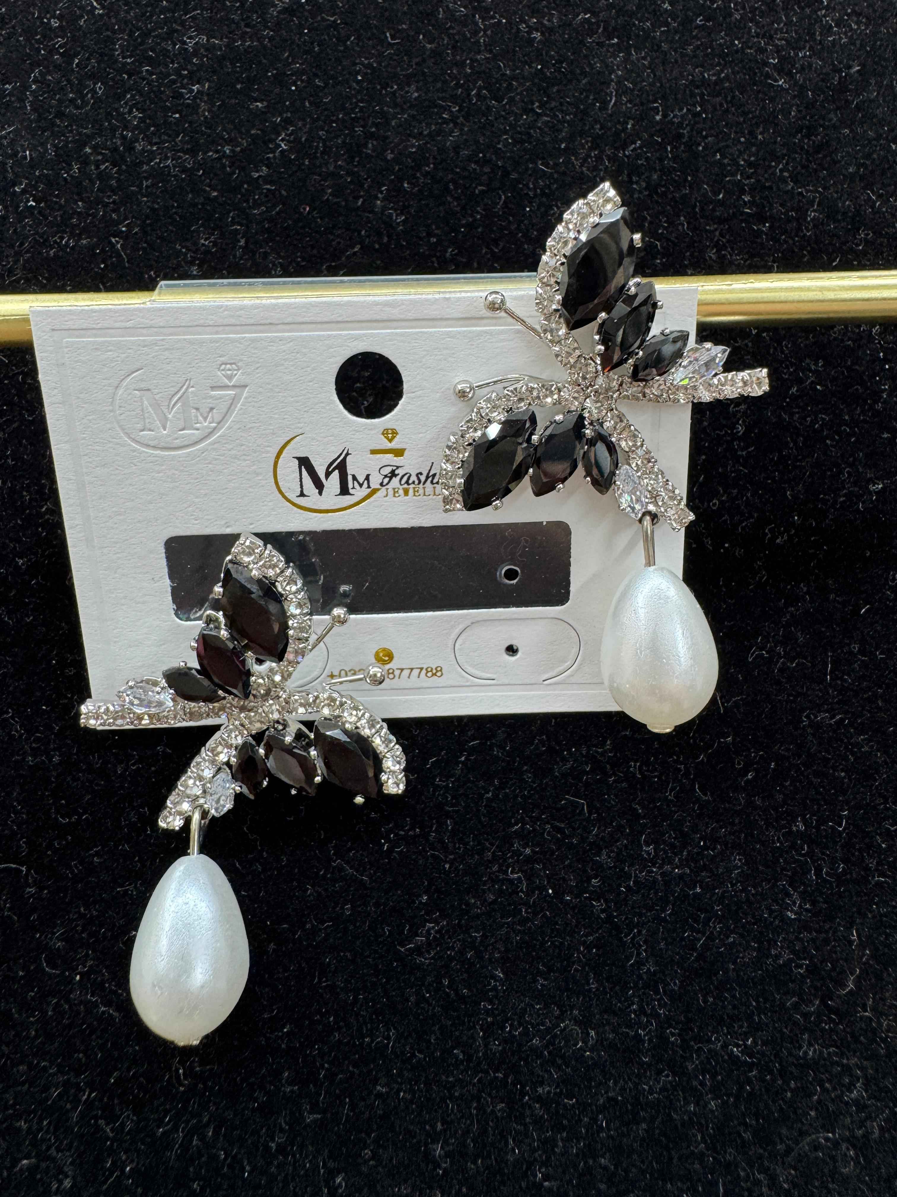 Black Crystal Butterfly Drop Earrings with Pearl Pendant