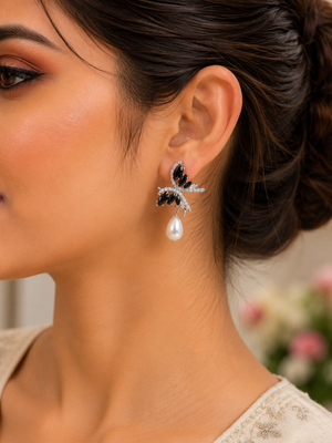 Black crystal drop earrings with pearl pendant for women