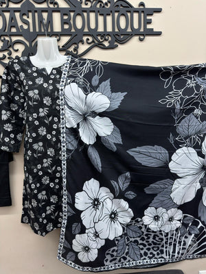 Black designer printed lawn suit with dupatta and trousers in Canada