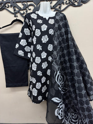 Black floral printed lawn suit for women by Maryam Qasim Boutique