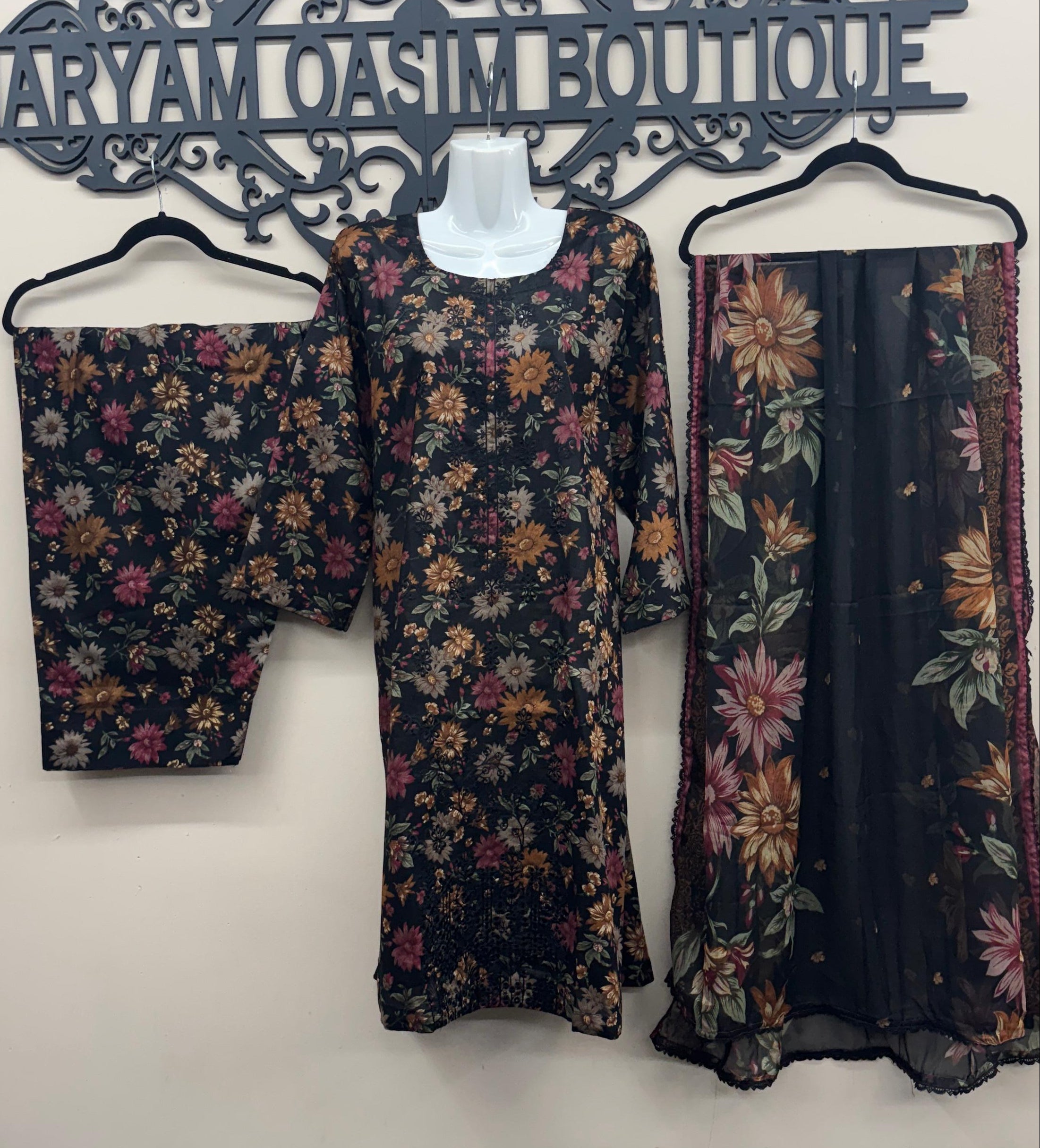 Black multicolor chicken kari embroidered lawn 3 piece Pakistani suit with Farshi shalwar