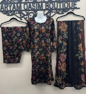 Black multicolor chicken kari embroidered lawn 3 piece Pakistani suit with Farshi shalwar