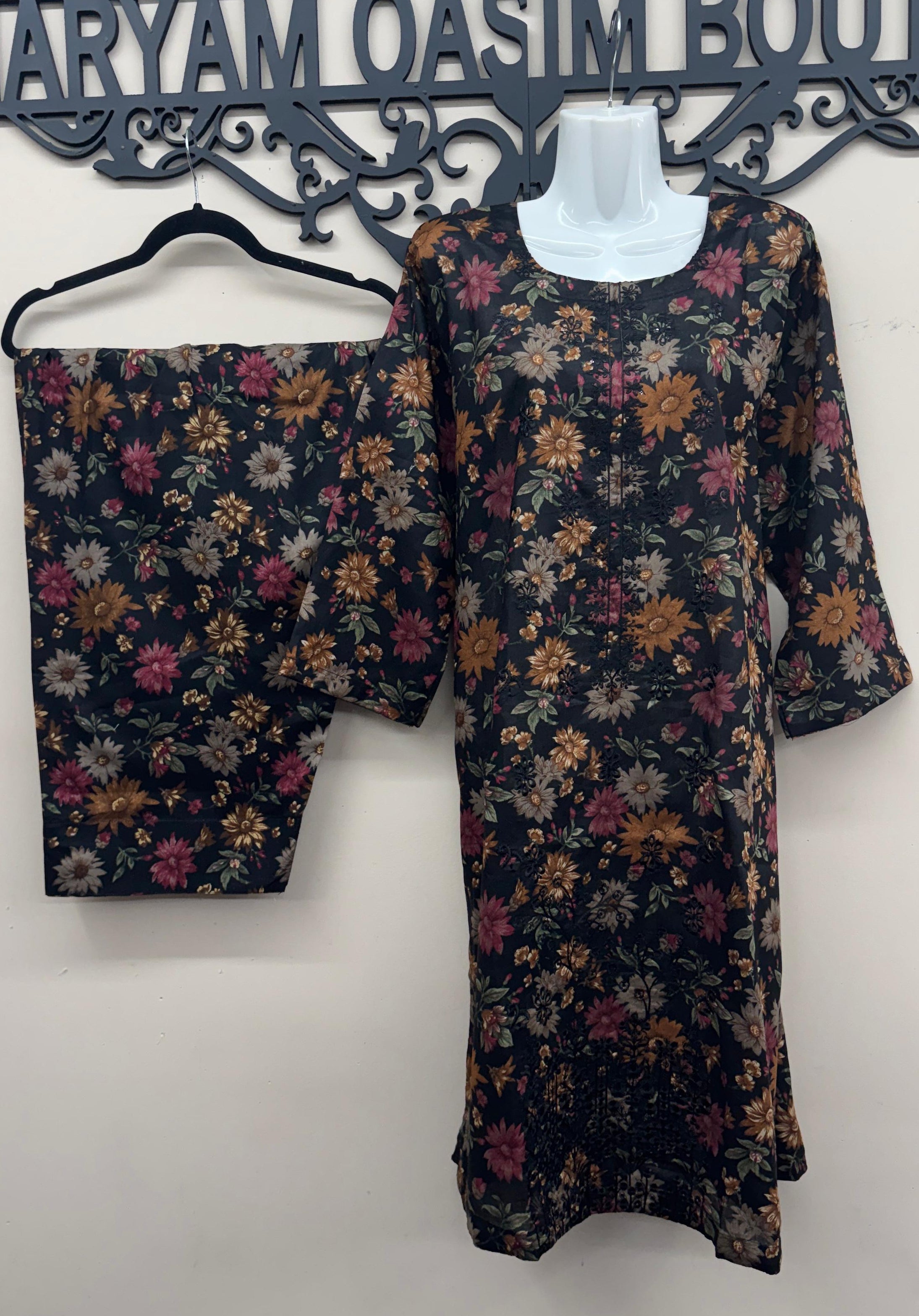 Black multicolor chicken kari embroidered lawn 3 piece Pakistani suit with Farshi shalwar