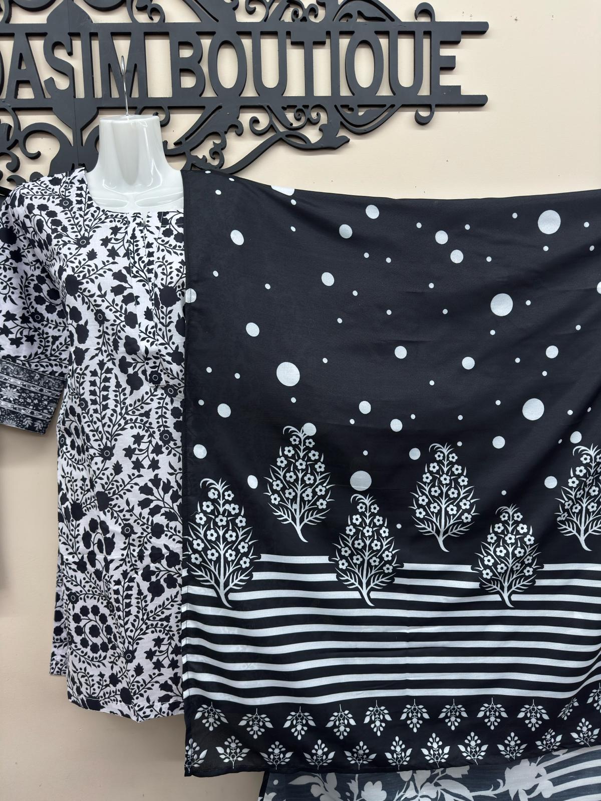 Black printed cotton lawn suit for women by Maryam Qasim Boutique in canada