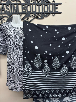Black printed cotton lawn suit for women by Maryam Qasim Boutique in canada