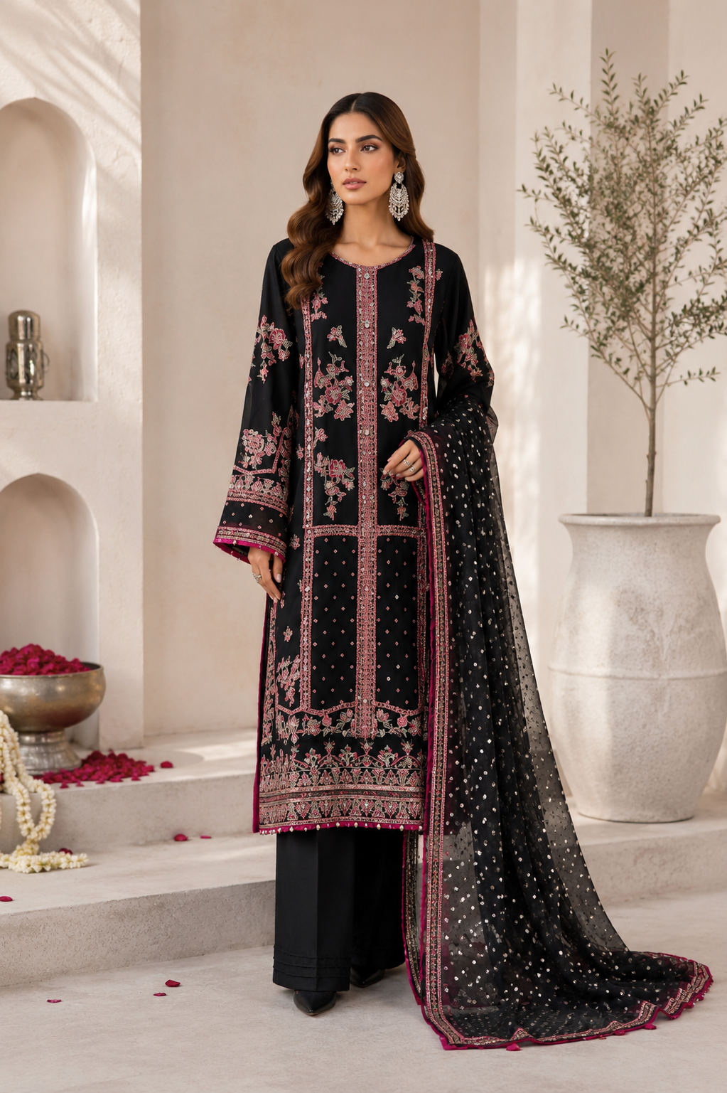 Black chiffon embroidered Pakistani 3 piece suit with pink embroidery