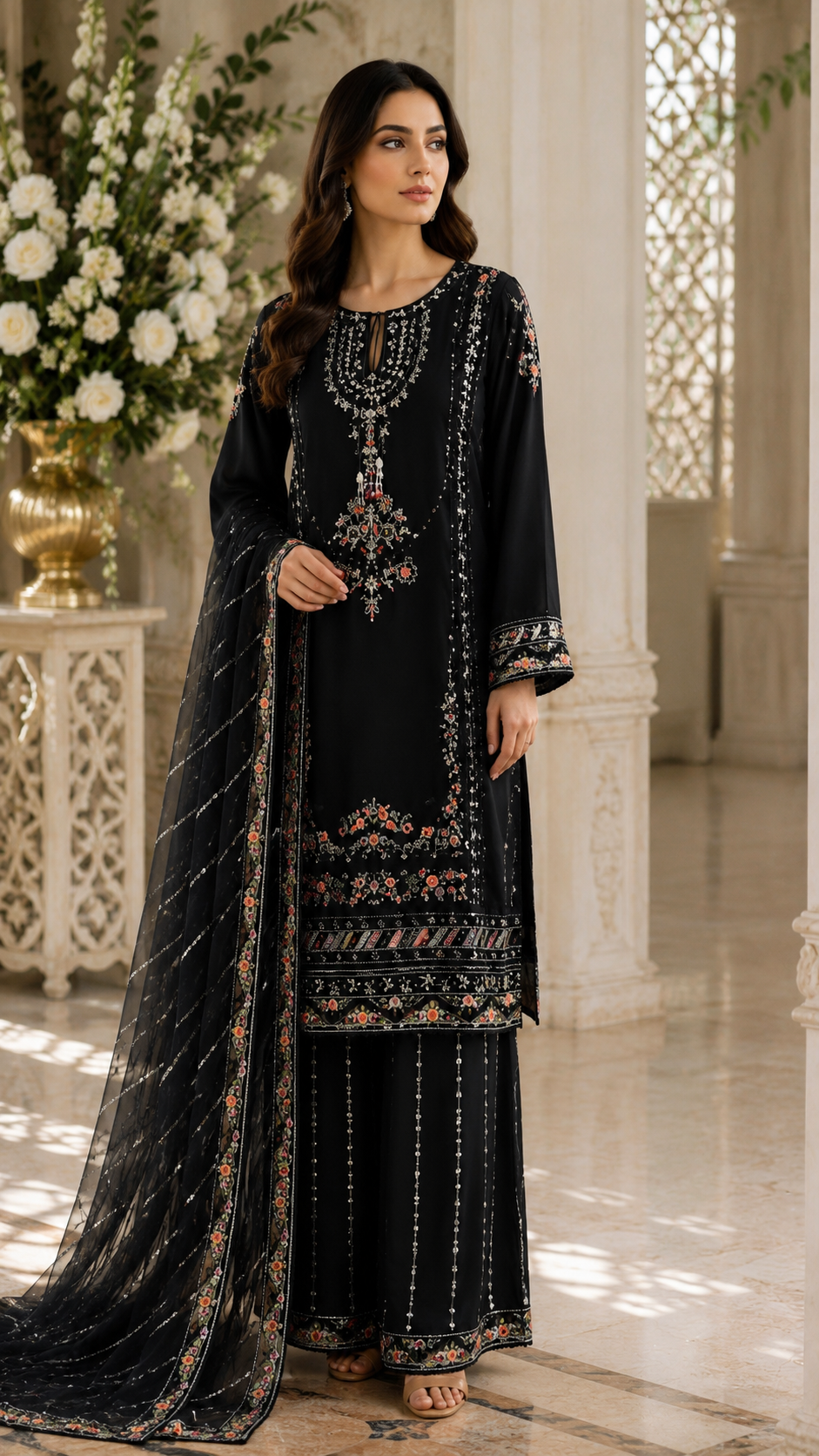 Black chiffon embroidered 3 piece Pakistani suit