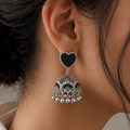 Silver Jhumka Earrings with Black Moti Heart Stud