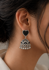 Silver Jhumka Earrings with Black Moti Heart Stud