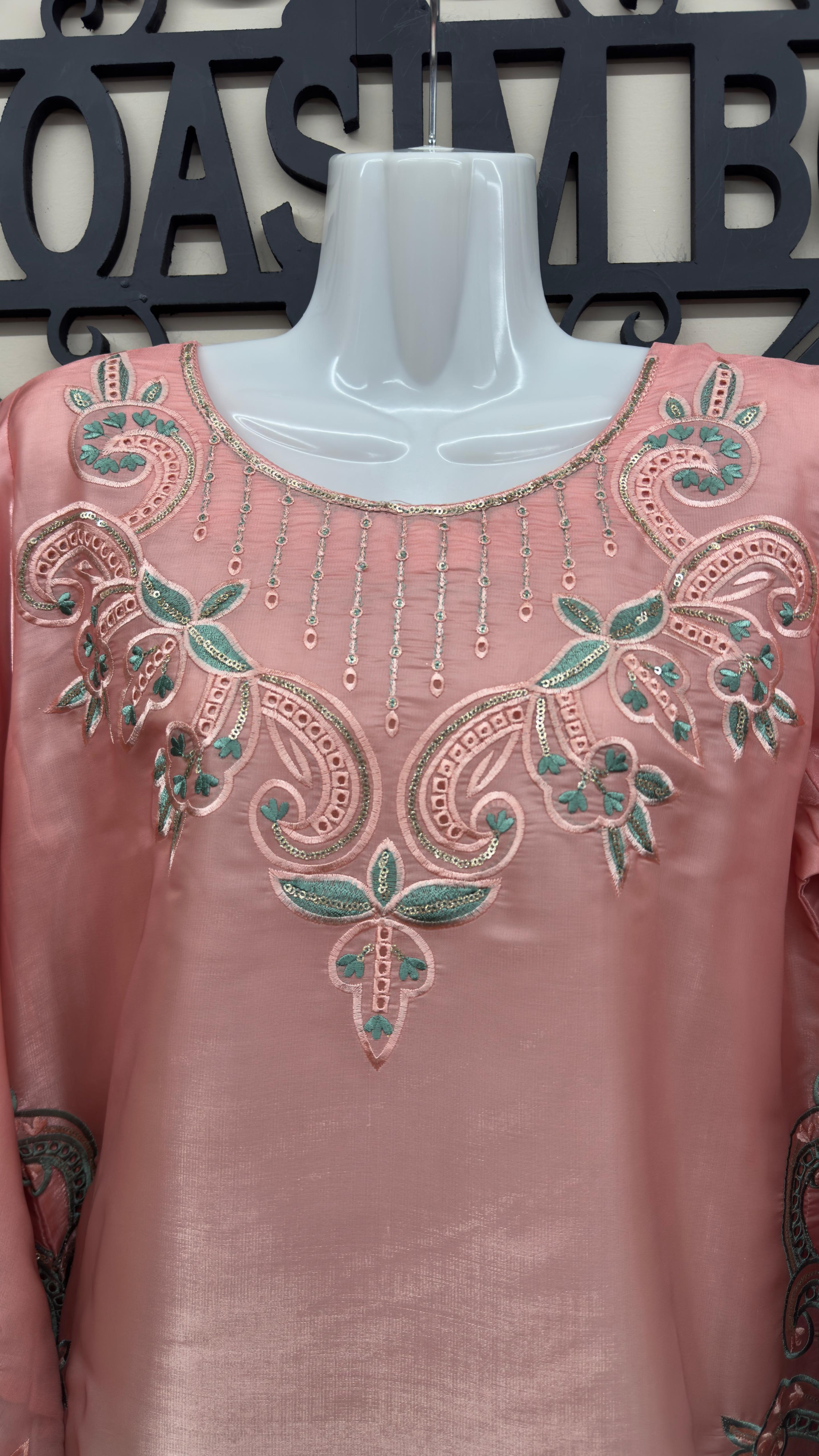 Blush pink Sheesha Silk embroidered shirt with sea green cutwork embroidery