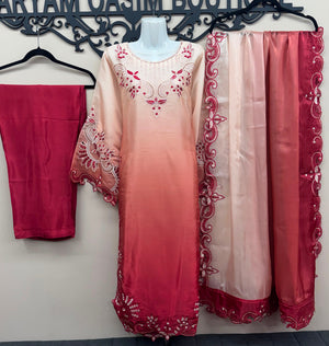 Blush pink and deep red embroidered Pakistani formal dress front view