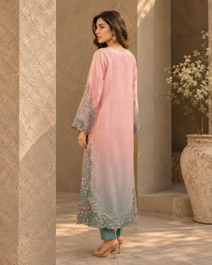 Blush pink Sheesha Silk embroidered shirt with sea green cutwork embroidery