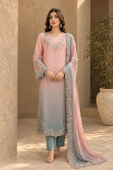 Blush pink and sea green embroidered 3 piece Pakistani silk suit front view