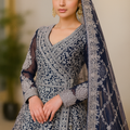 Navy Blue Heavily Embroidered Formal Gown Dress with Dupatta-Luxury Bridal Wear