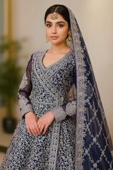 Navy Blue Heavily Embroidered Formal Gown Dress with Dupatta-Luxury Bridal Wear