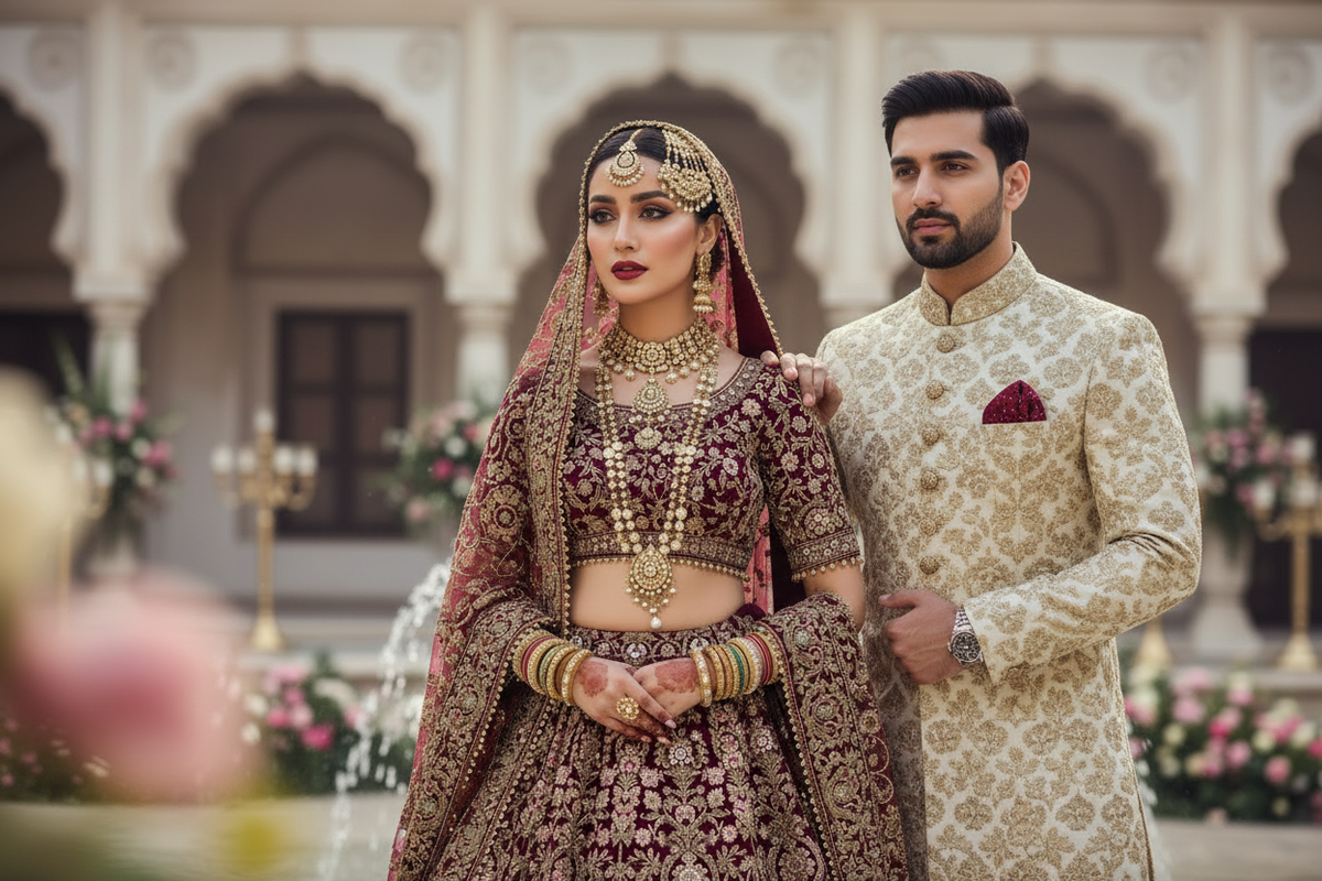 Woman in traditional bridal attire with intricate jewelry and makeup, standing in a decorative setting.