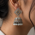 Silver Jhumka Earrings with Diamond-Style Stud and Beige Moti
