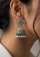 Silver Jhumka Earrings with Diamond-Style Stud and Beige Moti