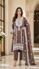 Brown Chiffon Aari Embroidered 3-Piece Pakistani Suit