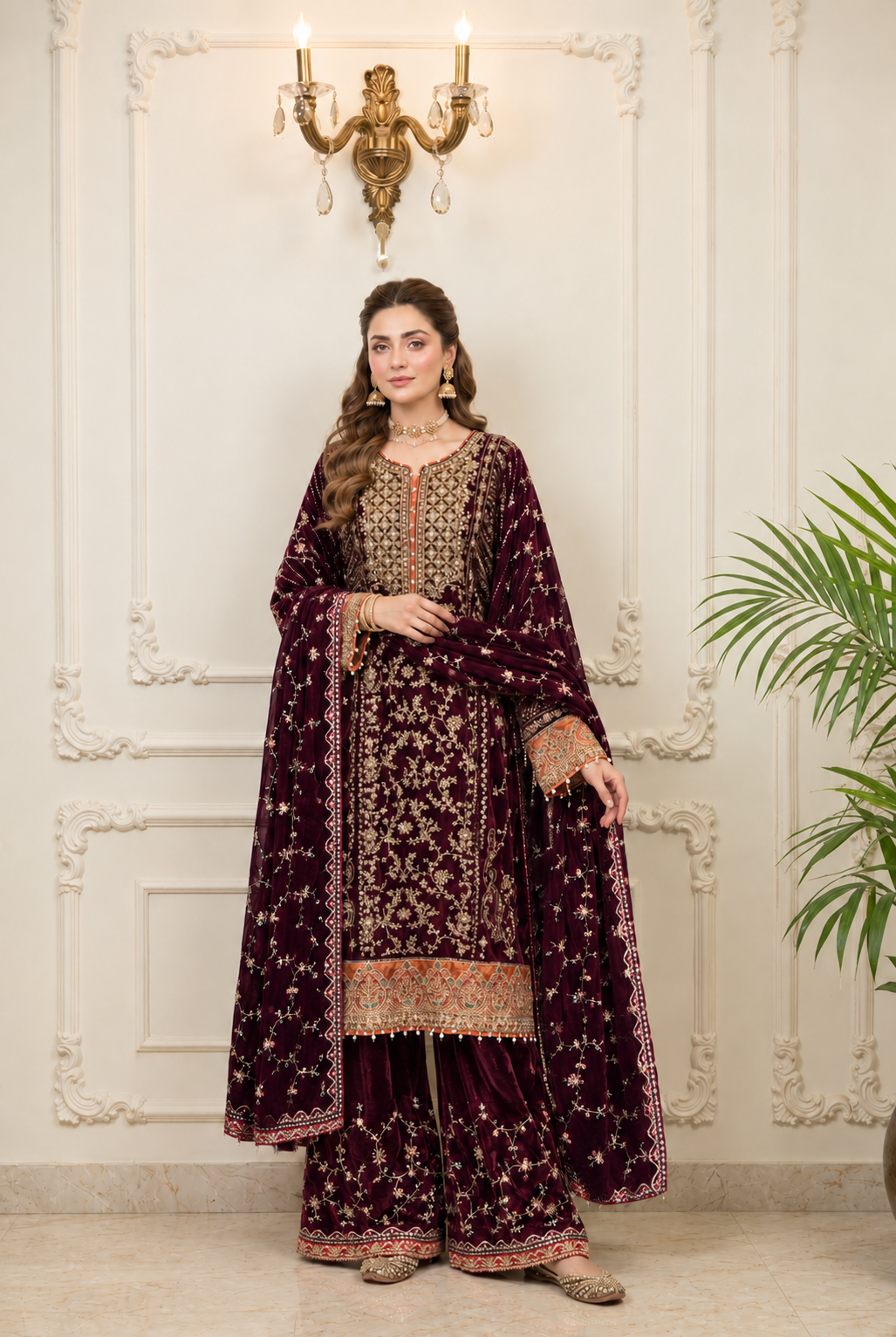 Maroon Velvet Embroidered Suit 3 Piece