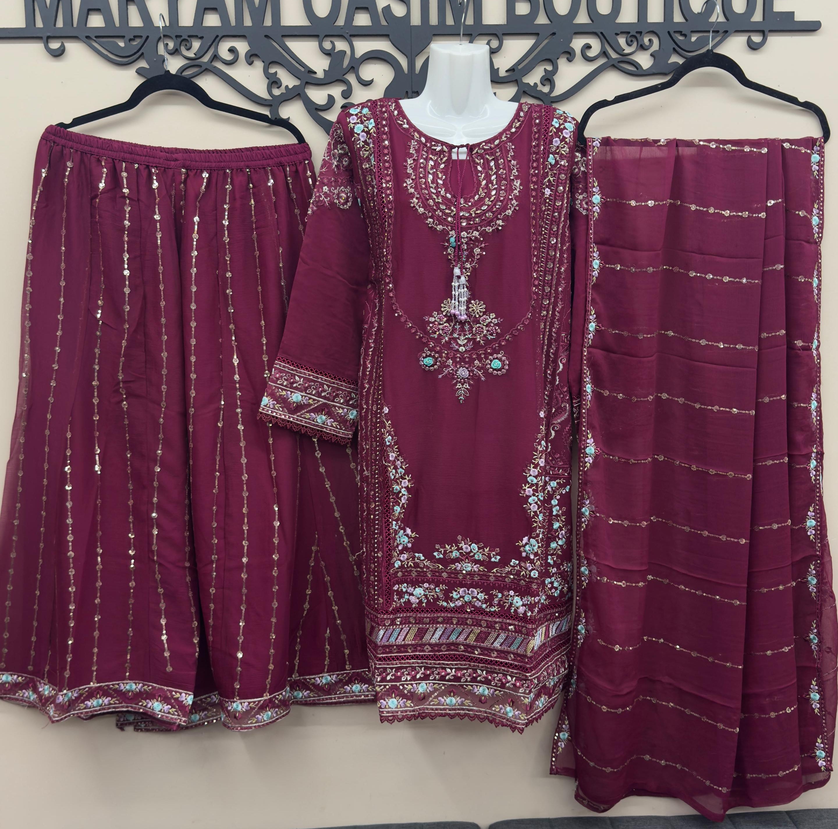 Burgundy Pakistani 3 piece chiffon wedding outfit