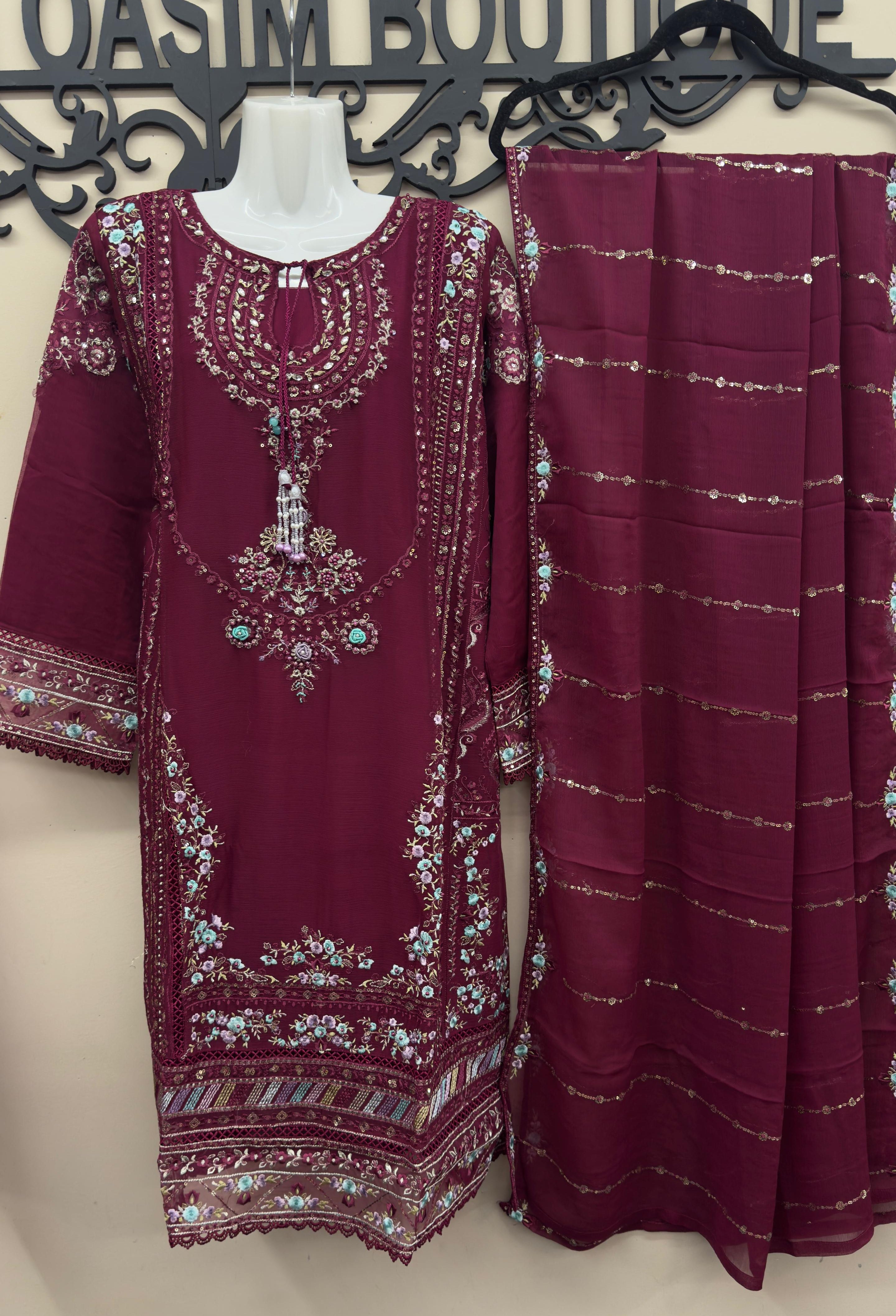 Burgundy Pakistani wedding wear with embroidered dupatta