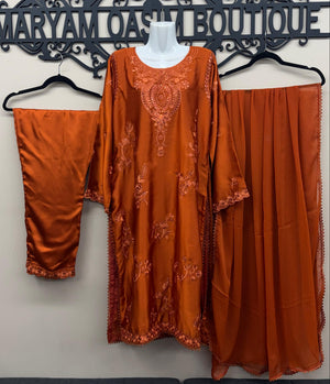 Burnt orange rust embroidered silk 3-piece Pakistani suit with chiffon dupatta